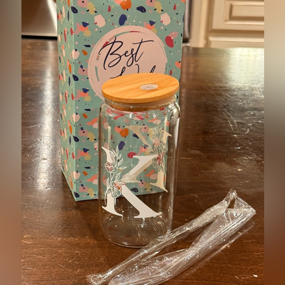 Personalized Glass Drink Bottle with straw and straw cleaner letter “K”